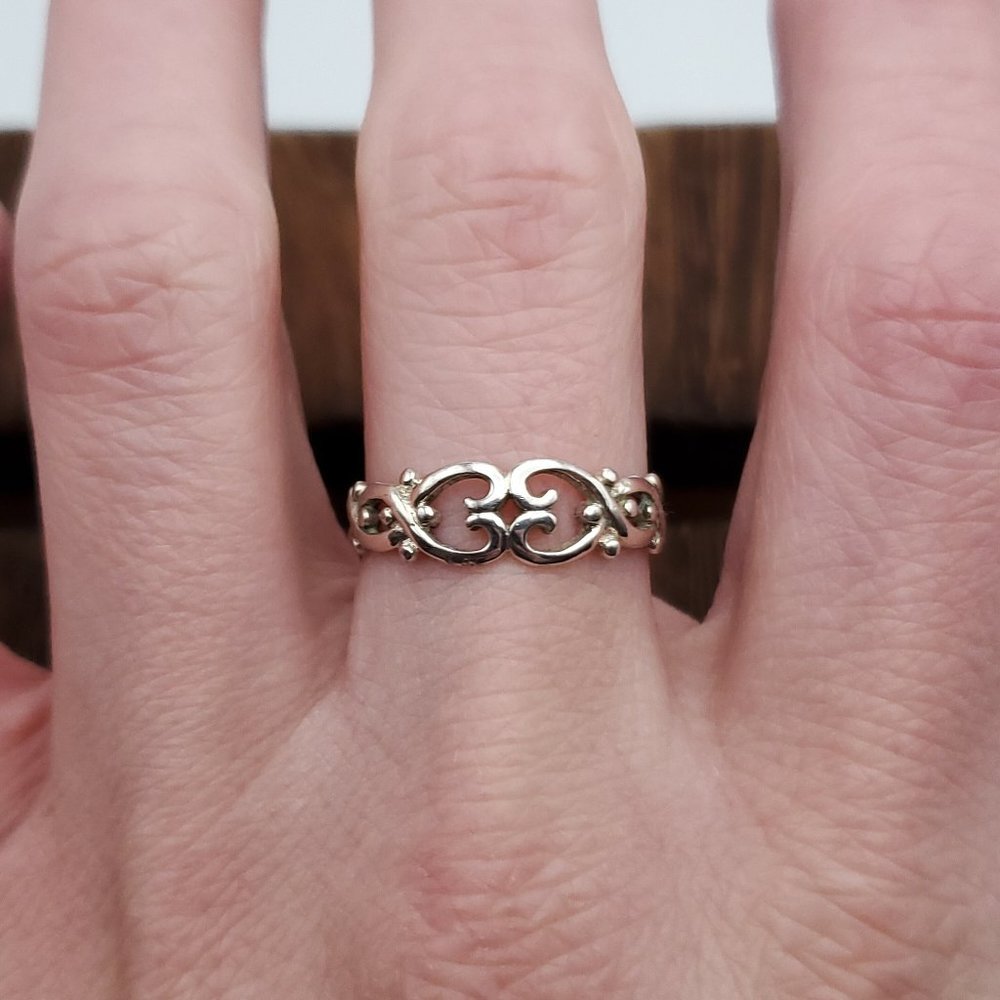 Size 8.75 925 Sterling Silver Fancy Double Touching Heart Rustic Ring
